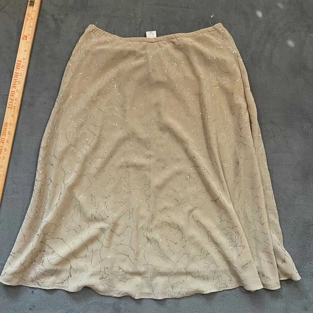 VTG Womens 14W Champagne Floral Sparkle A Line Midi Skirt‎